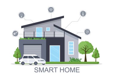 Modern bir konsepte sahip Akıllı Ev Teknolojisi Işık, Isıtma, Havalandırma ve Güvenlik Kontrol Sistemi. Arkaplan Vektör İllüstrasyonu
