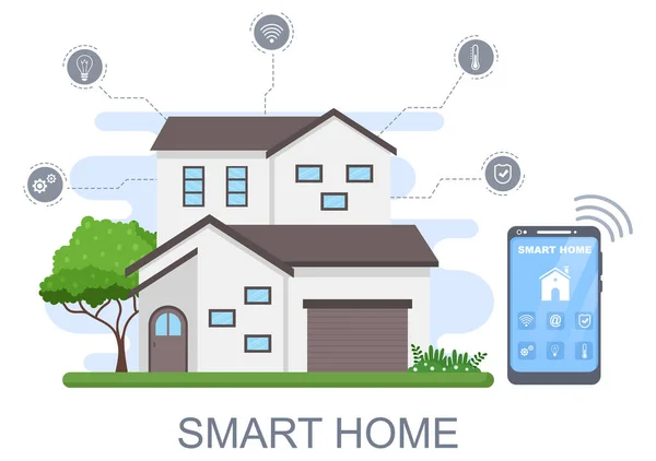 Технология Smart Home Обеспечивает Современную Систему Управления Освещением Отоплением Вентиляцией — стоковый вектор