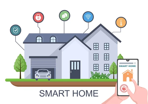 Smart Home Technology House Sistema Controle Iluminação Aquecimento Ventilação Segurança —  Vetores de Stock