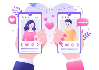 Smartphone 'da Erkek ve Kadın İlişkileri Olan Bir Çift İçin Randevu Uygulaması Eğer Eşleşme Aşk Olursa veya İlişkiler. Arkaplan Düz Tasarım Vektörü İllüstrasyonu