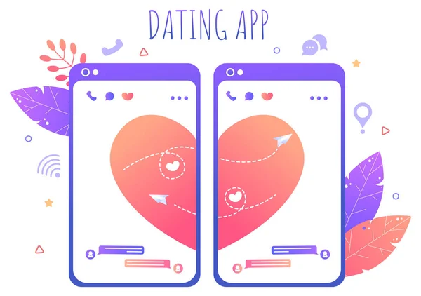 出会い系アプリスマートフォンで男性と女性とのカップルのためのマッチは愛や関係になる場合 背景フラットデザインベクトルイラスト — ストックベクタ