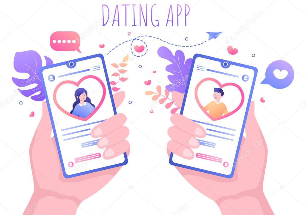 Dating App For a Couple With Male and Female in Smartphone If Match Become Love or Relationships. Background Flat Design Vector Illustration
