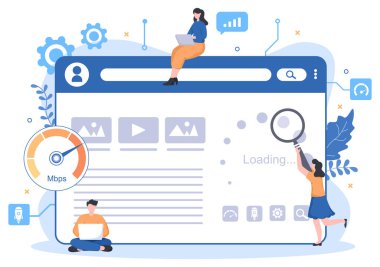 Sunucu, Web Programlama, Mobil Uygulama Geliştirme ve Sayfa Yazılım ile Web Sitesi Yükleme Hızı İyimserleştirmesi. Arkaplan Vektör İllüstrasyonu