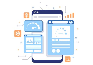 Sunucu, Web Programlama, Mobil Uygulama Geliştirme ve Sayfa Yazılım ile Web Sitesi Yükleme Hızı İyimserleştirmesi. Arkaplan Vektör İllüstrasyonu
