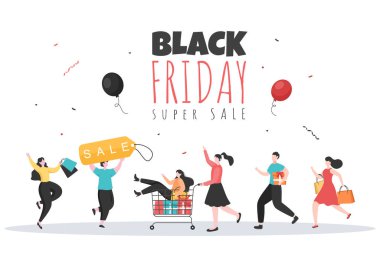 Kara Cuma Tüm Ürünlere Büyük İndirim Verin Hediye Kutusu, Kurdele, Balon Poster, Sancak, Tanıtım veya Arka plan Vektörü Resimleri İçin