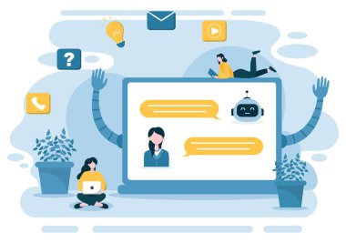 Robot Sanal Yardım veya Chatbot Arkaplan Vektörü illüstrasyonu. Çevrimiçi teknik destek ve mesajlaşma ile insanlar akıllı telefon konuşmaları