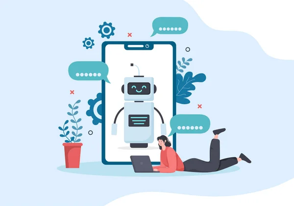 Robot Virtual Assistance Chatbot Background Vector Ilustração Pessoas Conversa Smartphone — Vetor de Stock