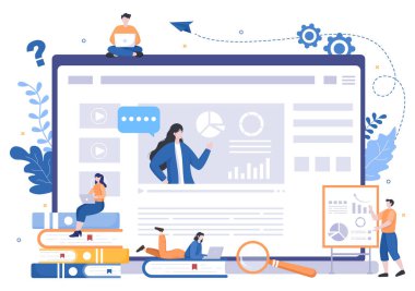 Business Online Training, Seminer veya Kurslar Arkaplan Vektörü İllüstrasyonu. Danışman Pazarlama, Satış, Rapor, E-Ticaret Hakkında Sunum Yapıyor. Banner ve İniş Sayfası İçin