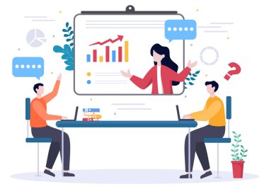 Business Online Training, Seminer veya Kurslar Arkaplan Vektörü İllüstrasyonu. Danışman Pazarlama, Satış, Rapor, E-Ticaret Hakkında Sunum Yapıyor. Banner ve İniş Sayfası İçin