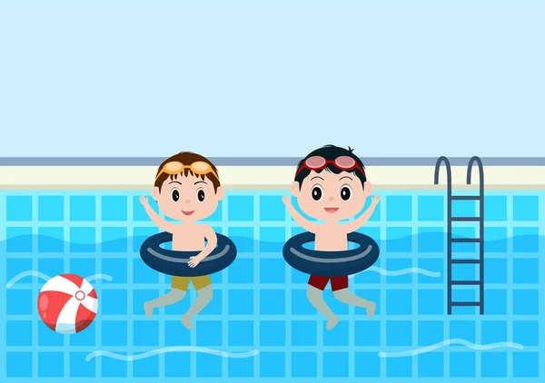 Cute Little Kids Swimming Background Vector Illustration Flat Cartoon Style — Stock Vector