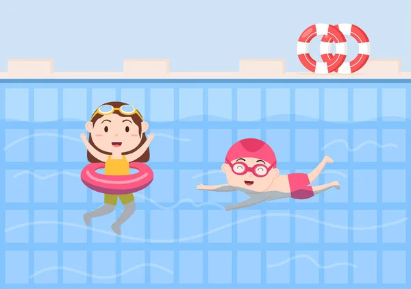 Cute Little Kids Swimming Background Εικονογράφηση Διάνυσμα Επίπεδο Στυλ Κινουμένων — Διανυσματικό Αρχείο