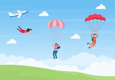 Skydive, paraşütle atlama ve yüksek atlama ile yapılan bir tür açık hava aktivitesi sporudur. Şirin Çizgi Film Arkaplan Vektörü İllüstrasyonu
