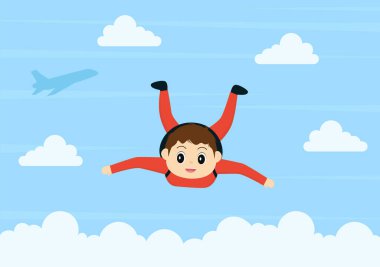 Skydive, paraşütle atlama ve yüksek atlama ile yapılan bir tür açık hava aktivitesi sporudur. Şirin Çizgi Film Arkaplan Vektörü İllüstrasyonu