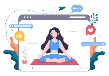 Yoga İçerik Yaratıcısı üzerine Fitness Blogcusu Çevrimiçi Spor Egzersizleri Video Kaydı ve Dikkat Et Vücut. Düz Tasarım Vektör İllüstrasyonu
