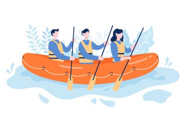 Rafting Flat Flat Çizgi Filmi Vektör İllüzyonu Gölün Ortasında Aktivite Su Sporları Yapan, Kano süren, Teknede Oturan ve Kürek Tutan