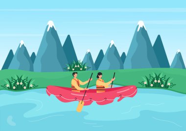 Rafting Flat Flat Çizgi Filmi Vektör İllüzyonu Gölün Ortasında Aktivite Su Sporları Yapan, Kano süren, Teknede Oturan ve Kürek Tutan