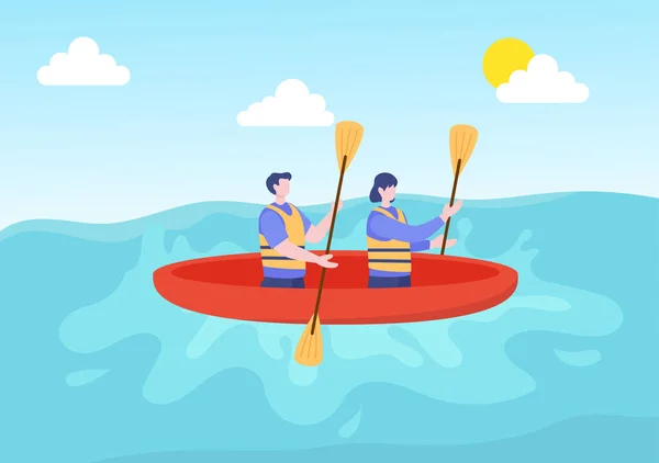 Rafting Fondo Dibujos Animados Planos Vector Ilustración Con Gente Hacer — Vector de stock