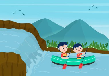 Rafting Flat Flat Çizgi Filmi Vektör İllüzyonu Gölün Ortasında Aktivite Su Sporları Yapan, Kano süren, Teknede Oturan ve Kürek Tutan