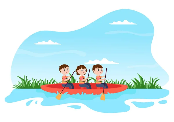 Rafting Fondo Dibujos Animados Planos Vector Ilustración Con Gente Hacer — Vector de stock