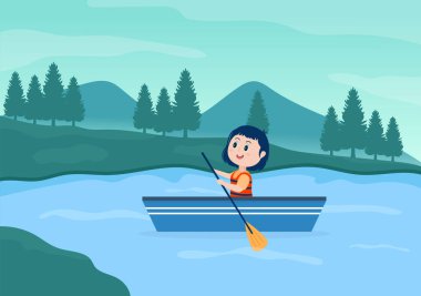 Rafting Flat Flat Çizgi Filmi Vektör İllüzyonu Gölün Ortasında Aktivite Su Sporları Yapan, Kano süren, Teknede Oturan ve Kürek Tutan