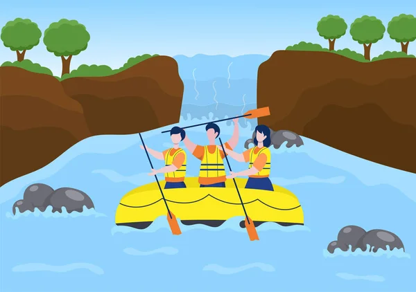 Rafting Pozadí Ploché Cartoon Vector Ilustrace Lidmi Dělat Aktivity Vodní — Stockový vektor
