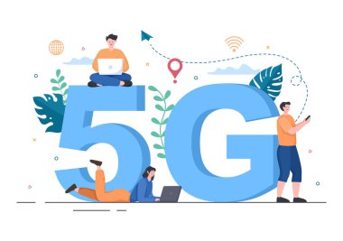 Verici Kulesi ile 5G Ağ Kablosuz Teknoloji Akıllı Telefonu İletişim ve Gadget 'lar için Yüksek Hızlı Mobil İnternet Kurun. Arkaplan Vektör İllüstrasyonu