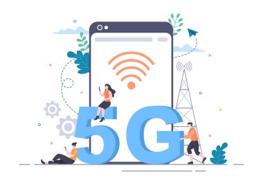 Verici Kulesi ile 5G Ağ Kablosuz Teknoloji Akıllı Telefonu İletişim ve Gadget 'lar için Yüksek Hızlı Mobil İnternet Kurun. Arkaplan Vektör İllüstrasyonu