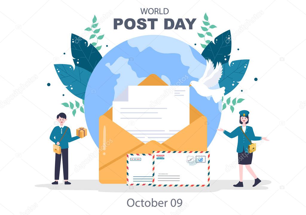 World Post Day Background Which is Celebrated on October 9 with Mail Box, Map, Bird or Letter for Greeting, Poster, Profile Photo. Vector Illustration