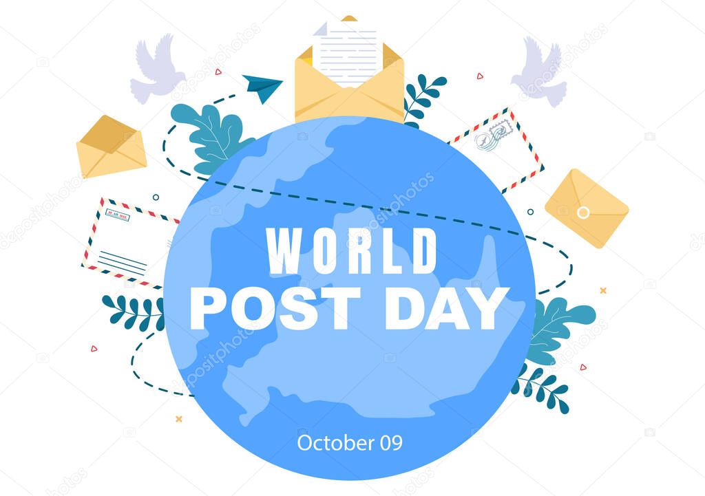 World Post Day Background Which is Celebrated on October 9 with Mail Box, Map, Bird or Letter for Greeting, Poster, Profile Photo. Vector Illustration