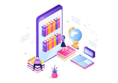 Çevrimiçi Kütüphane Dijital Eğitim Arkaplanı Uzaktan Öğrenme, Kaydedilmiş Sınıflar, Bilgi Kazanma Video Dersi. Düz Tasarım Vektör İllüstrasyonu