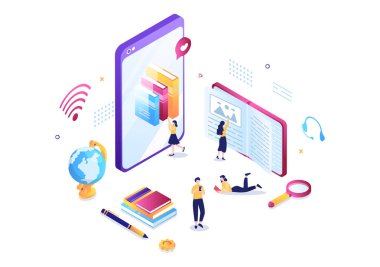 Çevrimiçi Kütüphane Dijital Eğitim Arkaplanı Uzaktan Öğrenme, Kaydedilmiş Sınıflar, Bilgi Kazanma Video Dersi. Düz Tasarım Vektör İllüstrasyonu