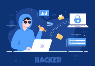 Bilgisayar Sunucusunu Kullanarak Etkinlik Veritabanını Hackledi, Ağ Depolama, Sosyal Hesap, Kredi Kartı veya Güvenlik. Arkaplan Vektör İllüstrasyonu