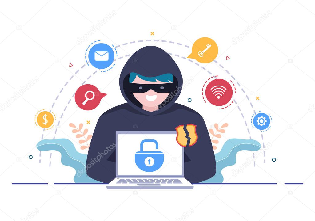 Hacker Using Computer Server to Activity Hacked Database, Network Storage, Social Account, Credit Card or Security. Background Vector Illustration