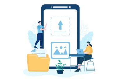 Çevrimiçi Aygıtların Görüntü Arkaplanı Bilgileri ve Verileri Bulut Servisi ile Sosyal Ağ 'a Yükle veya Konsept Vektör Resimleri Yükle