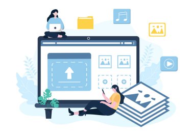 Çevrimiçi Aygıtların Görüntü Arkaplanı Bilgileri ve Verileri Bulut Servisi ile Sosyal Ağ 'a Yükle veya Konsept Vektör Resimleri Yükle