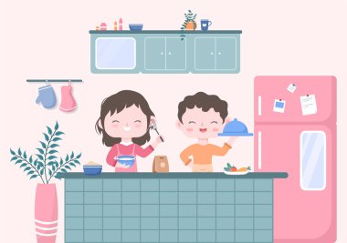 Mobilyalı Mutfak Odası Vektör İllüstrasyonu, Mobilya, Ekipman ve Modern Tasarım Tarzı. Birisi yemek pişiriyor.