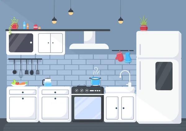 キッチンルーム背景 インテリアとベクトルイラストならフラットデザインモダンなスタイル — ストックベクタ