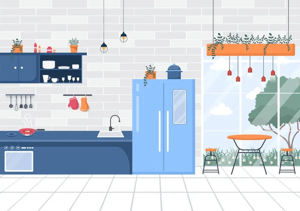 Ilustrasi Vektor Latar Belakang Kamar Dapur Dengan Perabotan Peralatan Dan - Stok Vektor