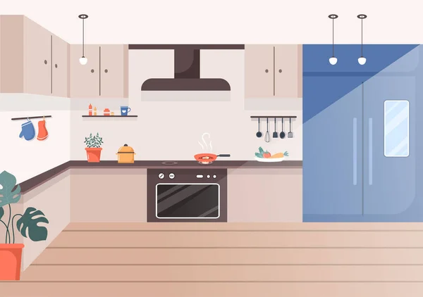 Ilustração Vetor Fundo Sala Cozinha Com Mobília Equipamento Interiores Estilo —  Vetores de Stock