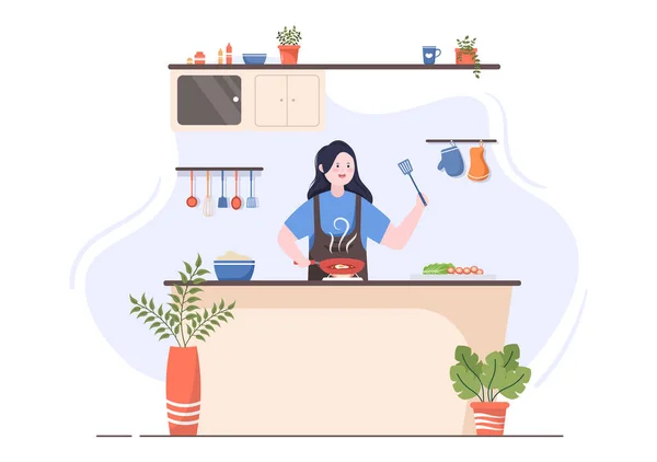 设备和室内装饰现代风格的厨房房背景图 有人在做饭 — 图库矢量图片