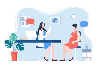 Hamilelik Doktoru 'ndan Hamile Bayan ya da Anne Bebek Büyüme ve Tarayıcı için Doğum Prosedürü. Arkaplan Vektör İllüstrasyonu