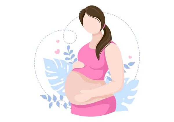 孕妇抱着她的宝贝或妈妈等着她的宝宝在平面卡通设计风格的背景叶向量图解 — 图库矢量图片