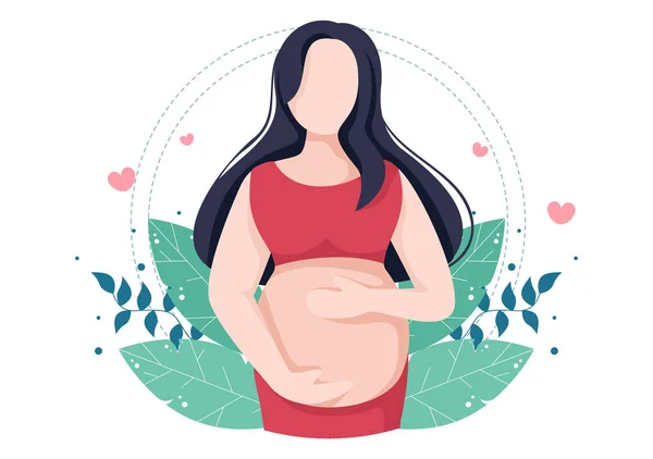 妊娠中の女性と抱擁彼女の腹や母フラット漫画のデザインスタイルで赤ちゃんを待っていますベクトルの葉のイラストの背景 — ストックベクタ