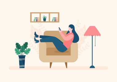 Evde Vector Flat Illustration 'da oturup müzik dinleyen, akıllı telefon ya da bilgisayar çalan, çay içen, kitap okuyan ve uyuyan insanlarla rahatlayın.