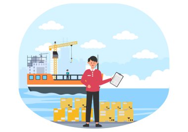 Kargo Taşımacılık Lojistik Teslimatı Crane Gemisi, Kamyon ya da Uçak Taşımacılığı Kullanarak Malları Teslim Etme Konsepti. Arkaplan Vektör İllüstrasyonu
