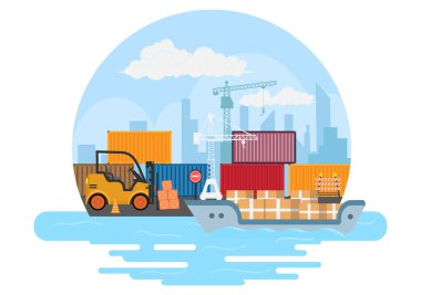 Kargo Taşımacılık Lojistik Teslimatı Crane Gemisi, Kamyon ya da Uçak Taşımacılığı Kullanarak Malları Teslim Etme Konsepti. Arkaplan Vektör İllüstrasyonu