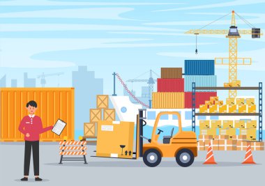 Kargo Taşımacılık Lojistik Teslimatı Crane Gemisi, Kamyon ya da Uçak Taşımacılığı Kullanarak Malları Teslim Etme Konsepti. Arkaplan Vektör İllüstrasyonu