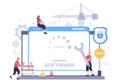 Bakım Vektörü İllüstrasyonu Altında Yazılım Sistemi. Poster Şablonu için Mobil Uygulama Web Sayfalarını Geliştirme ve Güncelleme Hatası