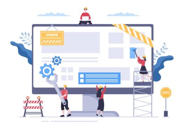 Bakım Vektörü İllüstrasyonu Altında Yazılım Sistemi. Poster Şablonu için Mobil Uygulama Web Sayfalarını Geliştirme ve Güncelleme Hatası