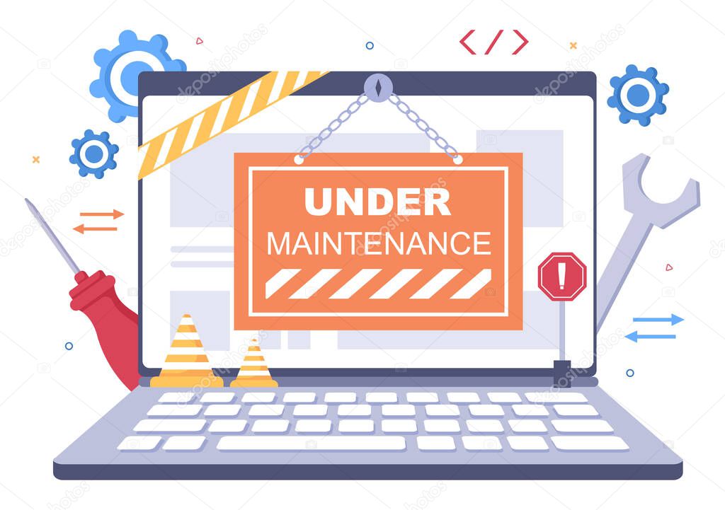 Software System Under Maintenance Vector Illustration. Error Website, Development and Update Webpages on Mobile Application For Poster Template